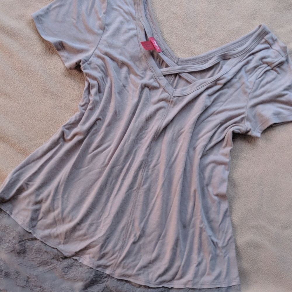 M Taupe Cross neck lace bottom tee